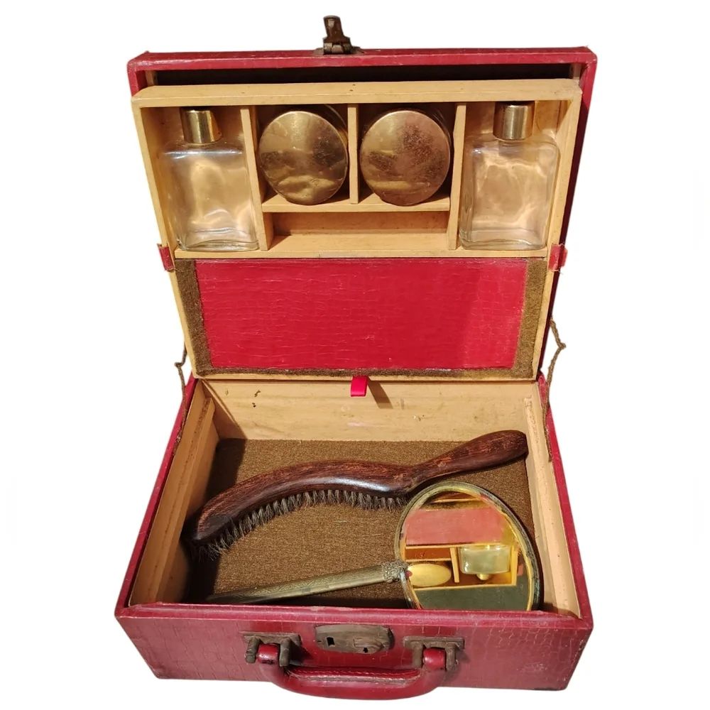 Vintage Early 1900s Red Vanity / Toiletry Case with Mirror, Containers, & Brush